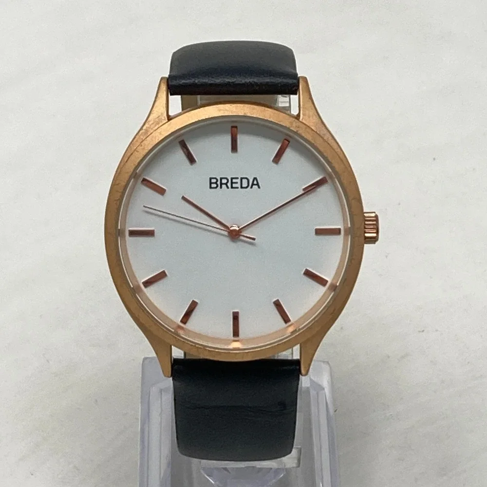 Breda Watch Men Women 40mm Rose Gold Tone Matte Black Leather New Battery 9